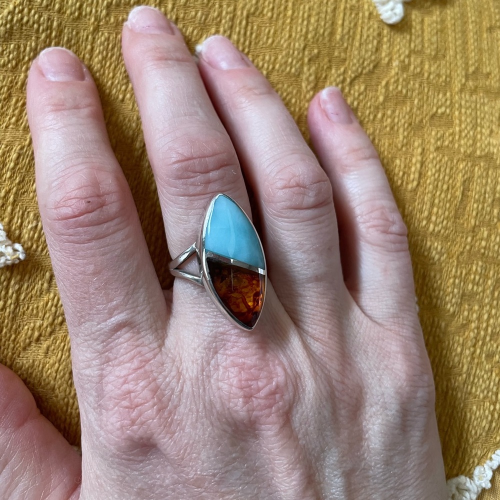 Larimar and Amber Silver Ring